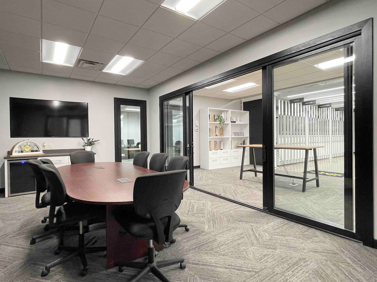 Completed conference and presentation space inside the Pella Columbus showroom